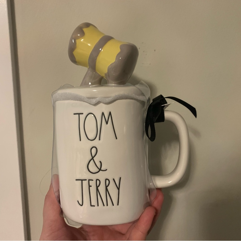 Rae Dunn White Tom & Jerry Ceramic Mug with Yellow and Gray Mallet Lid
